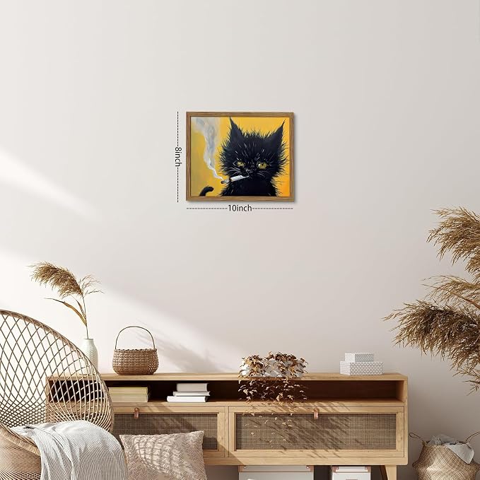 Vintage Framed Black Cat Wall Art, Black Cat Painting Portrait Wall Decor, Mens Room Canvas Print Poster, Cool Animals Picture Art for Bathroom Decor 8x10 inch Wood Framed