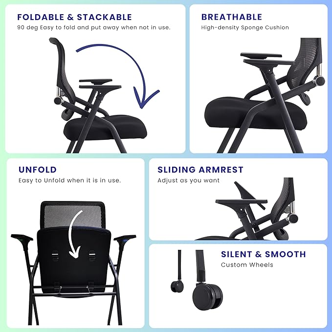 PRO, Stackable & Foldable Conference Room Chairs with 2X Thick Cushion, Lumbar Support, Armrest - Mesh Bouncing Back for Office Meeting, Conference, Training Room Chair 1 Pack