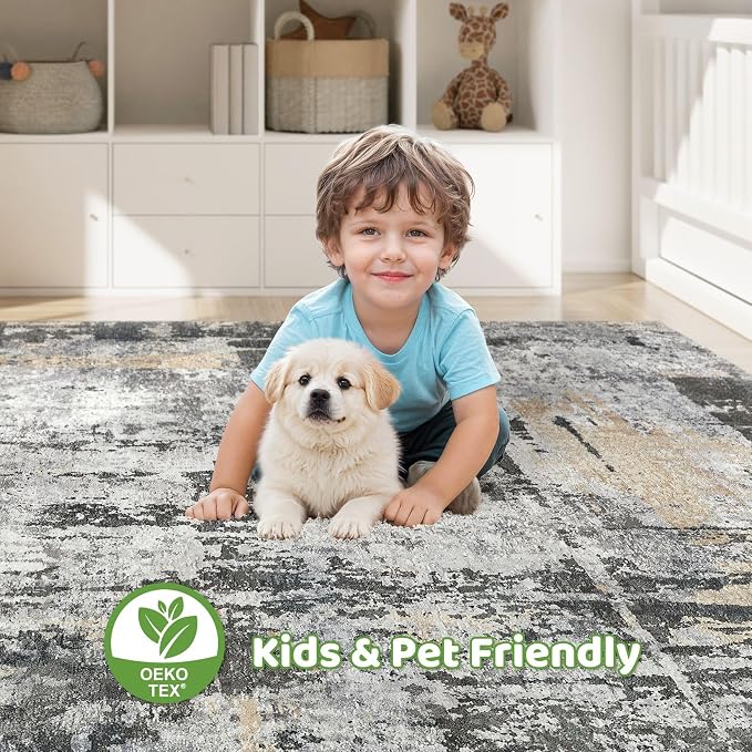 7x9 Area Rug Living Room: Washable Large Abstract Modern Soft Rug Stain Resistant Indoor Floor Non Slip Accent Carpet for Bedroom Nursery Playroom Dining Room Office Dorm Home House- Black Gold