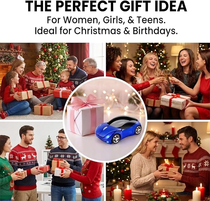 Blue Wireless Car Mouse, 2.4G with USB Receiver, 1600DPI Optical, Ergonomic Mini Computer Mouse, for Laptop, PC, Tablet, Windows, Mac OS