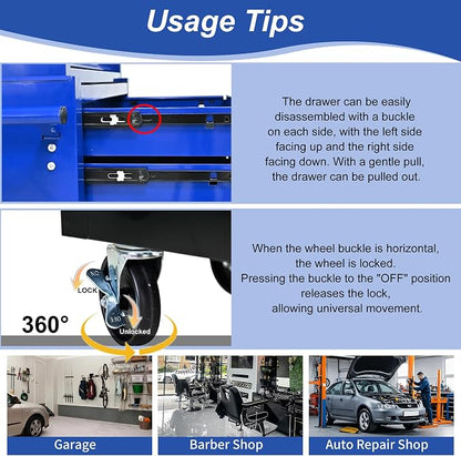 RYH 8 Drawers Rolling Tool Chest & Tool Box on Wheels | Heavy Duty Metal Cart with Ball Bearing Drawers | Fits US General Tool Box for Garage Storage (Blue, 8 Drawers /43.1" H × 24.2" W)