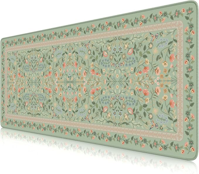 iCasso Aesthetic Floral Desk Mat, L Mouse Pads, Anti-Slip Mousepad with Stitched Edges, Waterproof Computer Pad 11.8"x31.5", Desk Accessories Office Decor for Women(Light Green)