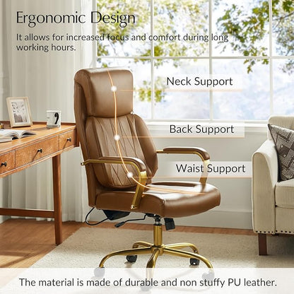 HULALA HOME Executive Office Chair, Adjustable Airbag Lumbar Support, Modern Leather Ergonomic Office Chair with Padded Armrests, Tilting & Swivel, Camel and Gold