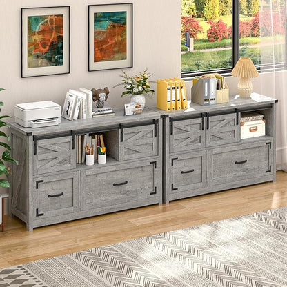 Vabches Lateral File Cabinets 2 Drawer with Sliding Barn Doors, Farmhouse Filing Cabinet with 2 Drawer for Home Office，Filing Organization Storage Cabinets for Hanging Files Letter/Legal/F4/A4.Grey
