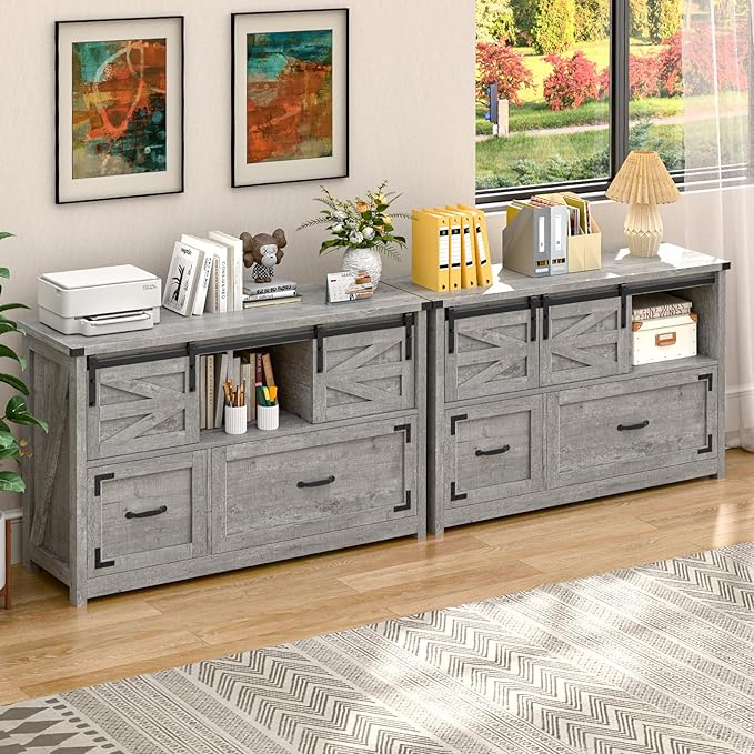 Halitaa Lateral File Cabinets 2 Drawer with Sliding Barn Doors, Farmhouse Filing Cabinet with 2 Drawer for Home Office，Filing Organization Storage Cabinets for Hanging Files Letter/Legal/F4/A4. Grey