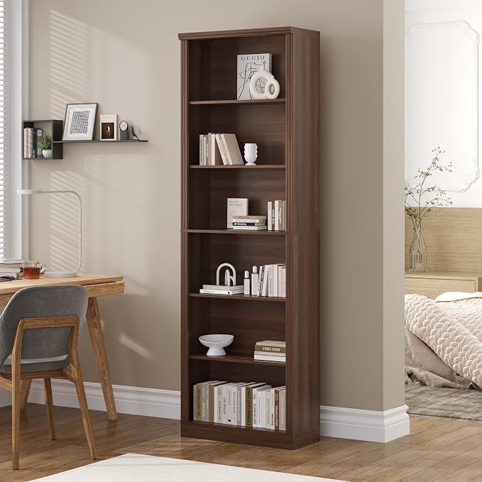 Thacuok 75" Tall Bookshelf & Bookcase, 6-Tier Adjustable Storage Shelves, Book Shelf with Anti-Tipping Device, Floor Standing Modern Display Rack for Living Room, Bedroom, Office, Walnut