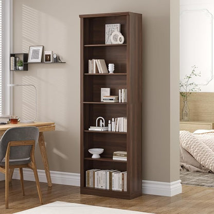 Thacuok 75" Tall Bookshelf & Bookcase, 6-Tier Adjustable Storage Shelves, Book Shelf with Anti-Tipping Device, Floor Standing Modern Display Rack for Living Room, Bedroom, Office, Walnut
