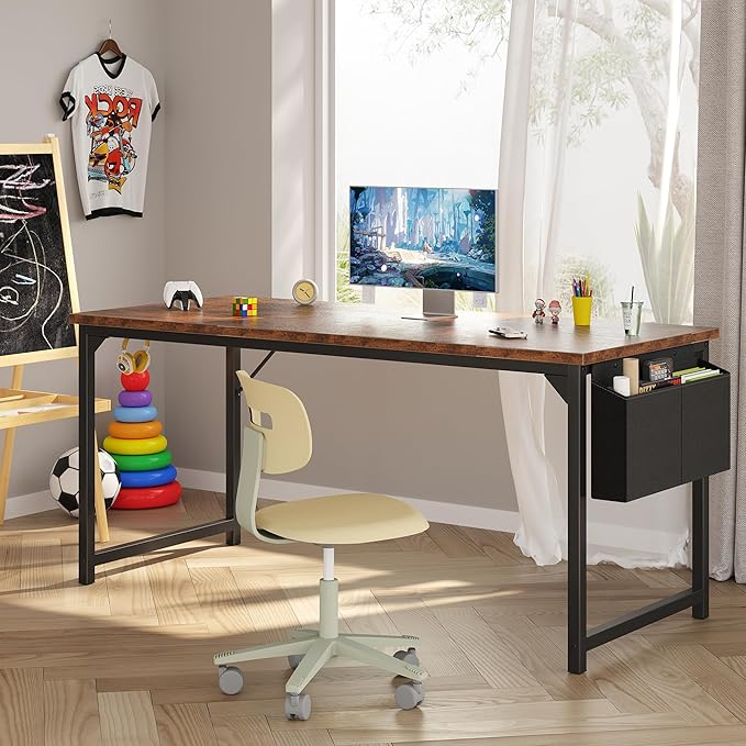 OLIXIS 63 Inch Computer Desk for Home Office, Writing Study Craft Gaming Table, Modern Computer Workstation with Storage Bag and Headphone Hook for Bedroom Small Spaces, Rustic Brown
