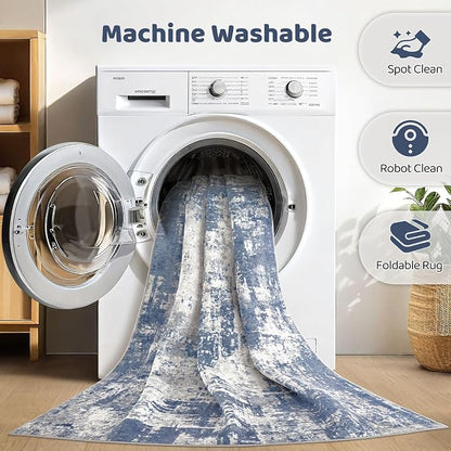 7x10 Area Rug Living Room: Washable Large Abstract Modern Soft Rug Stain Resistant Indoor Floor Non Slip Accent Carpet for Bedroom Nursery Playroom Dining Room Office Dorm Home House- Navy Grey