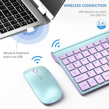 Wireless Keyboard and Mouse Ultra Slim Combo, TopMate 2.4G Silent Compact USB 2400DPI Mouse and Scissor Switch Keyboard Set with Cover, Batteries Included, for PC/Laptop/Windows/Mac - Blue Purple