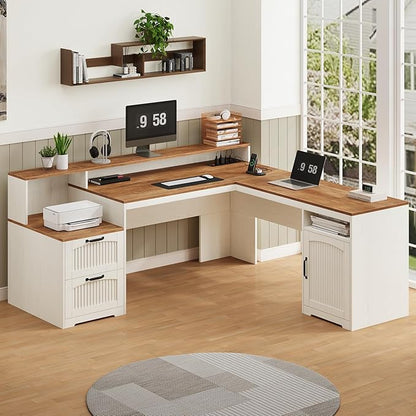 YOMILUVE 63" Farmhouse L Shaped Executive Desk with Drawers & Storage Shelf, Corner Fluted Computer Desk with Power Outlets, L Shaped Office Desk with Monitor Stand, Printer Shelf