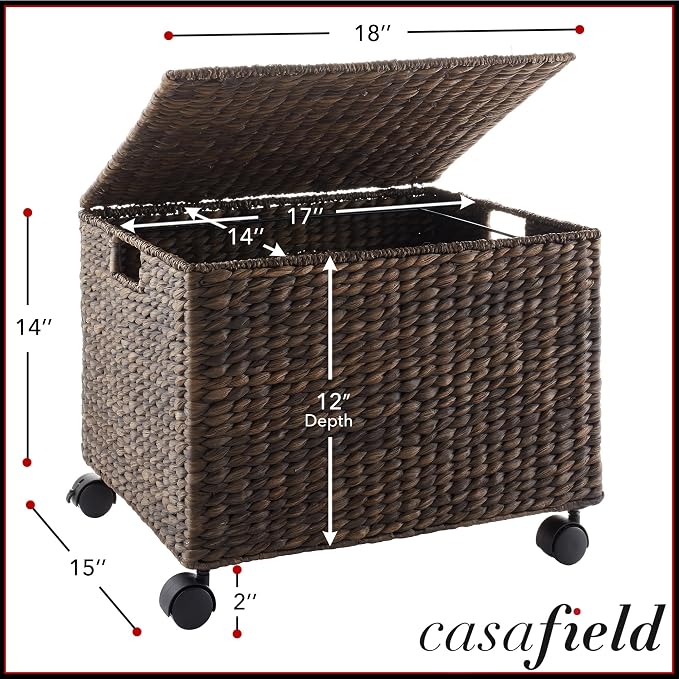 Casafield Rolling Filing Cabinet, Espresso Dark Brown - Water Hyacinth File Organizer with Lid and Wheels, Home Office Storage for Hanging Folders