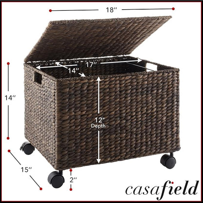 Casafield Rolling Filing Cabinet, Espresso Dark Brown - Water Hyacinth File Organizer with Lid and Wheels, Home Office Storage for Hanging Folders