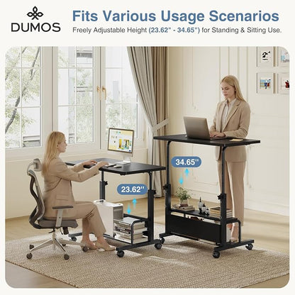 DUMOS 31.5" Mobile Rolling Desk with 2-Tier Storage Shelves, Height Adjustable Computer Desks on Wheels, Portable Rolling Laptop Table for Small Spaces & Home Office Black