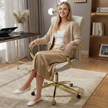 HomeZeer White and Gold Office Chair, Luxury Leather Executive Desk Chair | Elegant Timeless Appeal, Vintage Mid Back Styling with Wheels and Padded Arms, Thick High Density Foam Comfort