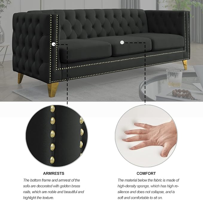 mikibama 80.5" Velvet 3 Seater Sofa Couch for Living Room,Button Tufted 3-Seat Couches with Nailhead Trims,Modern Upholstered Sofas with Golden Metal Legs for Bedrooom,Office