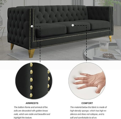 mikibama 80.5" Velvet 3 Seater Sofa Couch for Living Room,Button Tufted 3-Seat Couches with Nailhead Trims,Modern Upholstered Sofas with Golden Metal Legs for Bedrooom,Office