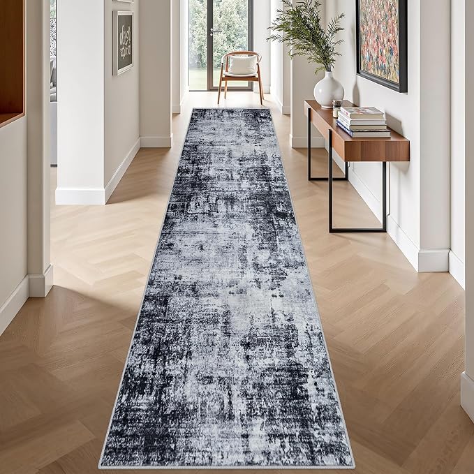 2.6'x14' Runner Rug Washable Rug: Modern Abstract Soft Thin Runner Rug Dark Black