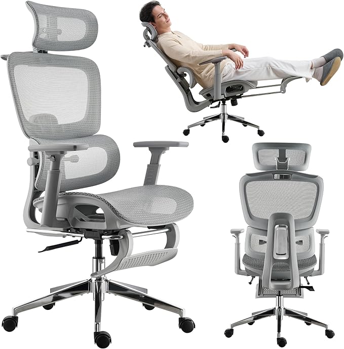 Mesh Ergonomic Office Chair with Footrest, Grey | High Back, Lumbar Support, Adjustable Headrest and Armrests, Gaming Chair,Home Office Desk Chair