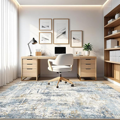 9x12 Area Rug Living Room: Washable Large Abstract Modern Soft Stain Resistant Indoor Floor Rugs Non Slip Accent Carpet for Bedroom Nursery Playroom Office Dining Room Dorm Home House- Blue