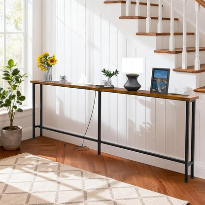 GRLEAF 70" Sofa Table with Built-in Power Strip (2 AC Outlets & 2 USB Ports) – 4.9ft Power Cord, Metal Frame, Easy Assembly, Long Couch Table Behind Sofa, Living Room and Home Office | Rustic Brown