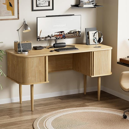 Furniway 55" Modern Writing Desk with Sliding Doors, Wood Home Office Desk with Storage, Computer Desk for Study, Living Room, Dorm, Natural