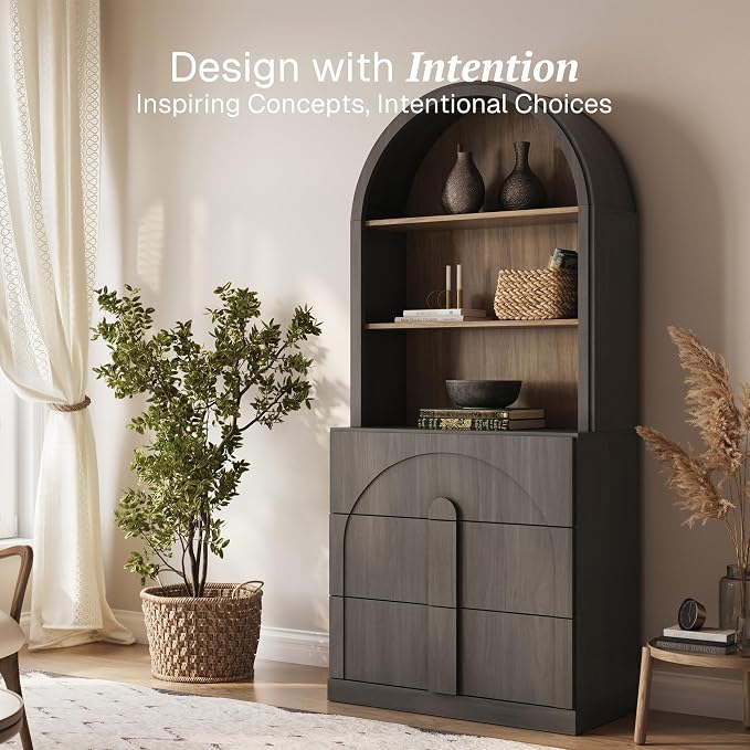 BELLEZE 71" Tall Storage Cabinet with 3 Drawers, Wooden Sideboard Buffet Cabinet with Hutch for Pantry and Kitchen Organizing, 5-Tier Modern Storage Unit for Living Room Home Office, Ebony