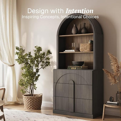 BELLEZE 71" Tall Storage Cabinet with 3 Drawers, Wooden Sideboard Buffet Cabinet with Hutch for Pantry and Kitchen Organizing, 5-Tier Modern Storage Unit for Living Room Home Office, Ebony