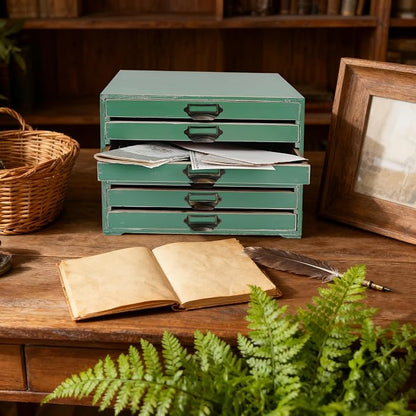 Vintage 6-Drawer Wooden Desktop Organizer Cabinet, Rustic Distressed Wood Card Catalog Cabinet, Antique Storage Box for Jewelry Cosmetics Craft Paper Home Office Decor (Green)