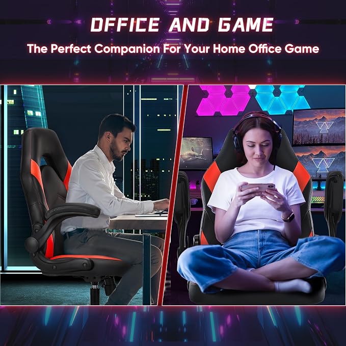 NEWBULIG Gaming Office Computer Chair – Ergonomic Mid-Back with Flip-Up Armrests, Adjustable Height, Lumbar Support & 360° Silent Swivel Wheels, PU Leather for Home/Office, Red