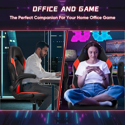 NEWBULIG Computer Gaming Desk Chair - Big Tall Ergonomic Lumbar Support with Flip-up Armrest and 360° Swivel Wheels, PU Leather Height Adjustable, for Home and Office, Red