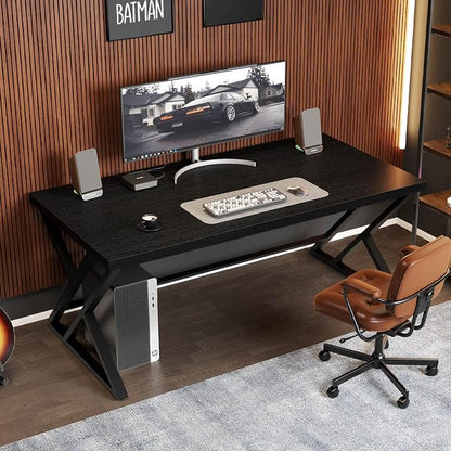 LVB Black Computer Desk, Modern Gaming PC Writing Desk for Home Office, Metal Computer Study Work Table for Bedroom, Industrial Executive Student Simple Workstation Desk, 55 in, Black Oak