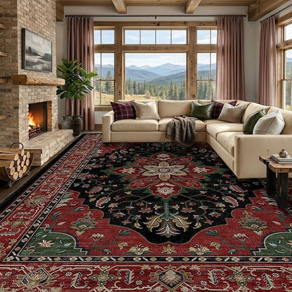 RELEANY Area Rugs Large 10'x12' Washable Non-Slip, Floral Vintage Distress Medallion Carpet for Living Room Bedroom Dining Room, Red Black