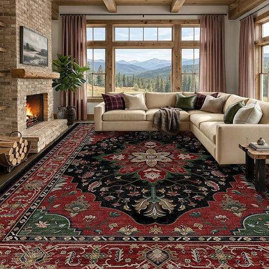 RELEANY Area Rugs Large 10'x12' Washable Non-Slip, Floral Vintage Distress Medallion Carpet for Living Room Bedroom Dining Room, Red Black