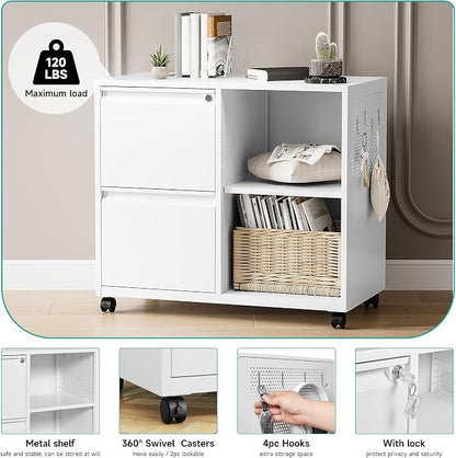 SISESOL 2 Drawer File Cabinet with Lock and Shelf,Mobile Lateral Filing Cabinet,Metal File Organizer Cabinet with Open Storage Shelves for Home Office Fit Legal/Letter A4 Size