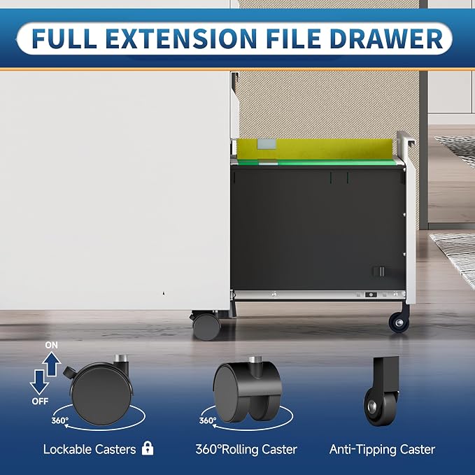 Locking File Cabinet 3 Drawers on Wheels Under Desk, Metal Filing Cabinets for Home Office, A4, Letter-Size Files, Hanging File Folders-White