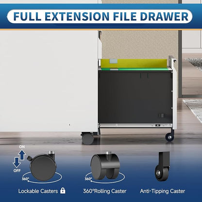 Locking File Cabinet 3 Drawers on Wheels Under Desk, Metal Filing Cabinets for Home Office, A4, Letter-Size Files, Hanging File Folders-White