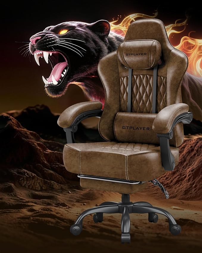 GTPLAYER Big and Tall Gaming Chair with Footrest, Ergonomic Office Desk Chair with 4.4in Thick Cushion and Wide Wingless Seat, Comfortable Leather Computer Chair, Predator Series, Rustic Brown