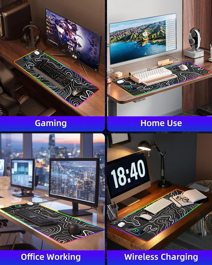Wireless Charging Mouse Pad, RGB Gaming Mousepad, 31.5"x15.7" Extra Large Desk Pad, 13 Light Modes, Non-Slip Base, Waterproof Computer Keyboard Mat for MacBook, PC, Laptop, Black Topographic Line