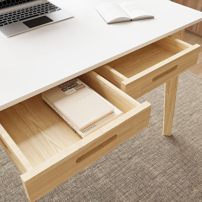 Timechee 40 Inch Compact Computer Gaming Desk, White Study Work Office Desk with 2 Storage Drawers, Rectangular Study Reading Table, Simple Computer Writing Table for Home Office, Living Room