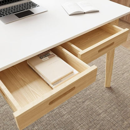 Timechee 40 Inch Compact Computer Gaming Desk, White Study Work Office Desk with 2 Storage Drawers, Rectangular Study Reading Table, Simple Computer Writing Table for Home Office, Living Room