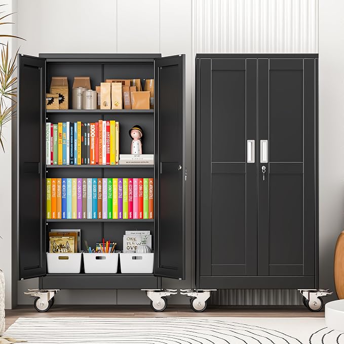 winiowa 61" Tall Metal Garage Storage Cabinet with Wheels, Steel Locking Rolling Tool Cabinet with 3 Adjustable Shelves for Garage,Home,Office (Black)