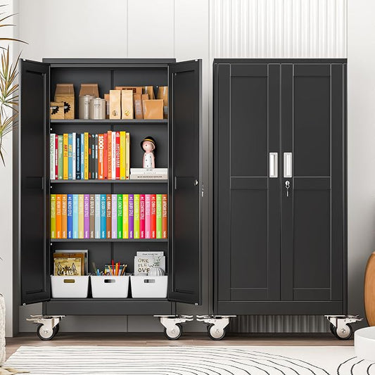 winiowa 61" Tall Metal Garage Storage Cabinet with Wheels, Steel Locking Rolling Tool Cabinet with 3 Adjustable Shelves for Garage,Home,Office (Black)
