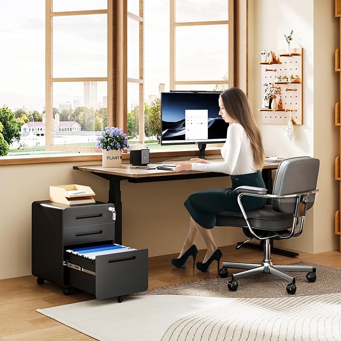 MIIIKO Mobile Filing Cabinet 3 Drawer, Rolling Small File Cabinet with Keys Under Desk, Modern Black Filing Cabinets for Home Office with Anti-tilt Wheels, A4/Letter/Legal Hanging File Drawers