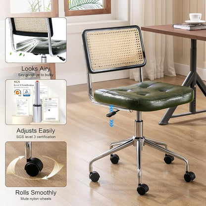 Zesthouse Mid Century Home Office Chair, Armless Desk Chair with Rattan Back, Adjustable Height Task Chair Vanity Chair for Girls Women, Upholstered Swivel Chair, Green Faux Leather