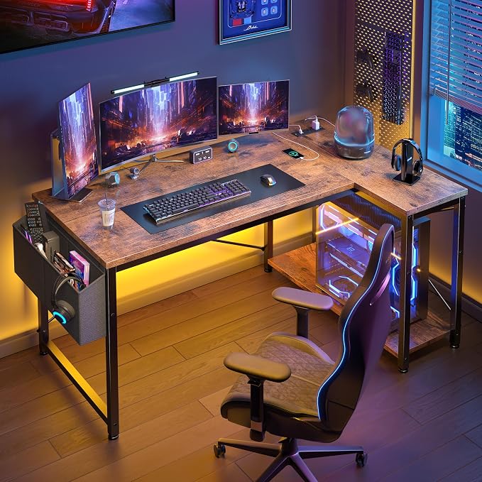 EnHomee Office Desk with Outlet,Power Home Office & Study Electronic Gear | Reliable Power Supply for Study & Electronic Device,Reversible Shelves & Side Bag,Convenience for Small Space, Black