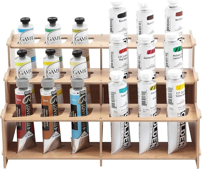 HG Art Concepts Mezzo Artist Paint and Brush Racks - Wood Grain Laminate Multi Layer Desk Stand Professional Storage Display Organizer for Paintbrushes and Tubes - Straight Rack, 3 Pack