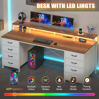 YOMILUVE 60 Inch Computer Desk with 8 Fabric Drawers, Gaming Desk with LED Lights & Power Outlets, Home Office Desk with Monitor Stand, Brown and White