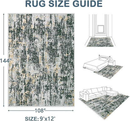 Area Rugs 9x12 Living Room: Washable Rug Modern Abstract Large Rugs Soft Non Slip Neutral Rug Stain Resistant Indoor Carpet for Bedroom Kitchen Dining Room Home Office Rugs(Black Grey Gold,9'x12')