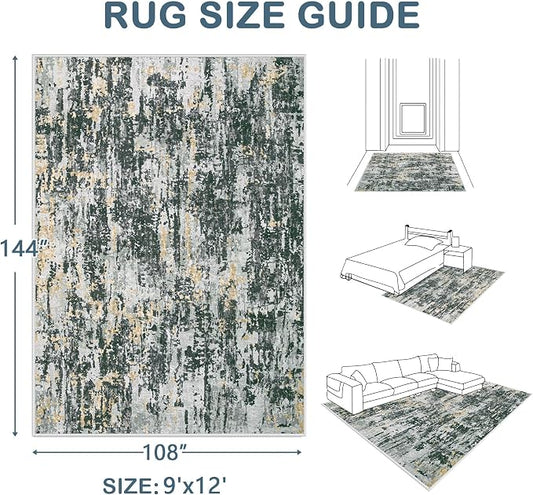 Area Rugs 9x12 Living Room: Washable Rug Modern Abstract Large Rugs Soft Non Slip Neutral Rug Stain Resistant Indoor Carpet for Bedroom Kitchen Dining Room Home Office Rugs(Black Grey Gold,9'x12')